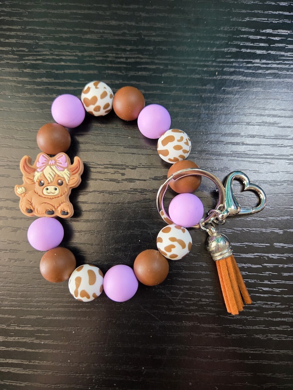 Purple and Brown Charm Bracelet Keyring with Cow Charm